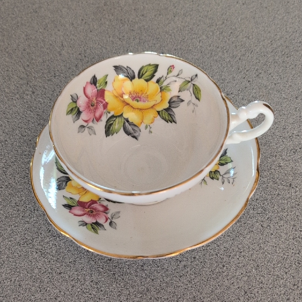 Regency Pink Yellow Floral Teacup and Saucer Set